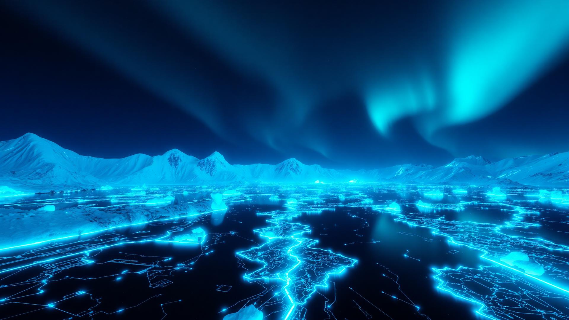Aurora boreal sobre gelo digital representando otimização gelada